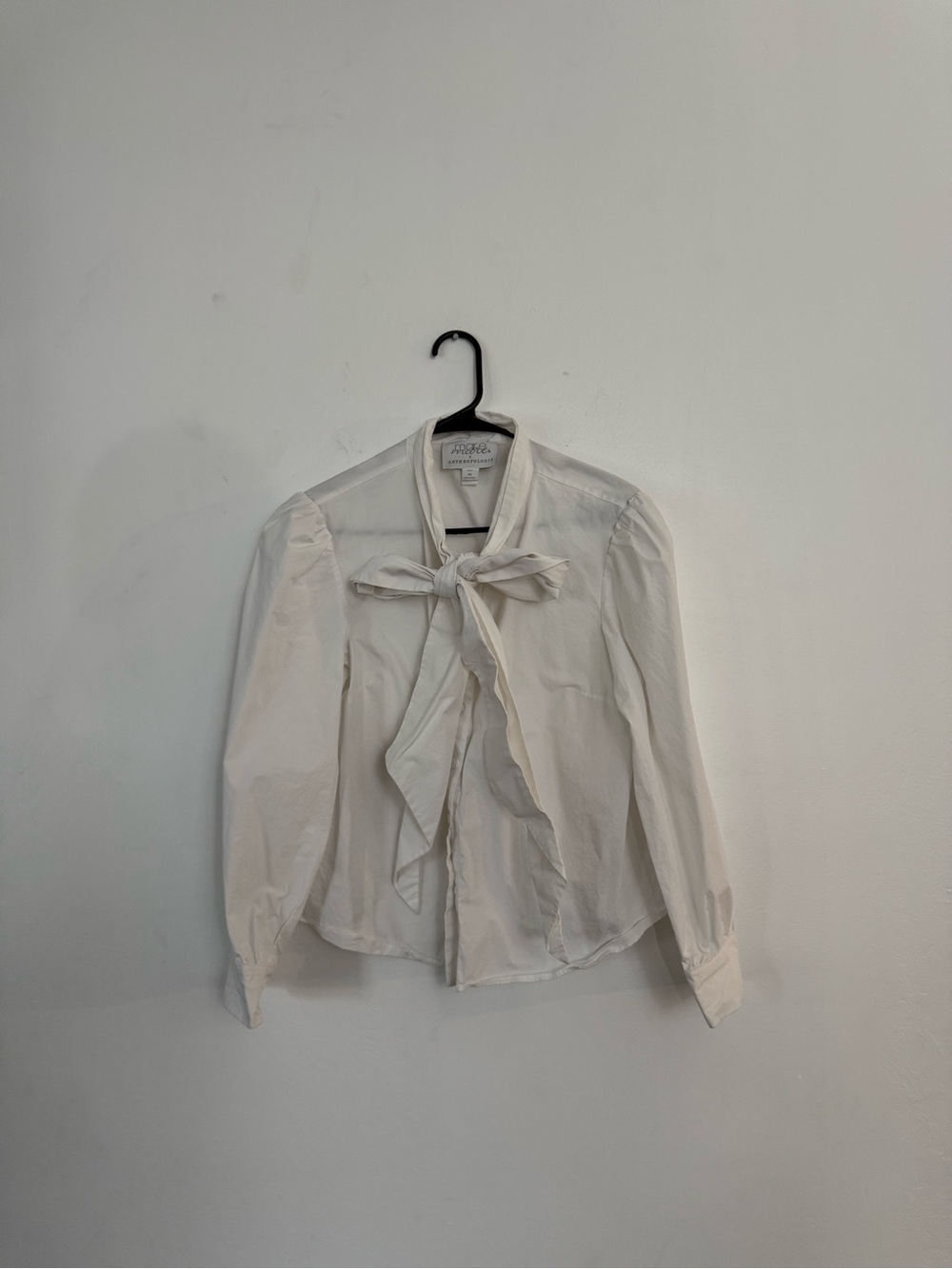 Anthropologie Cream Tie-Neck Puff Sleeve Blouse